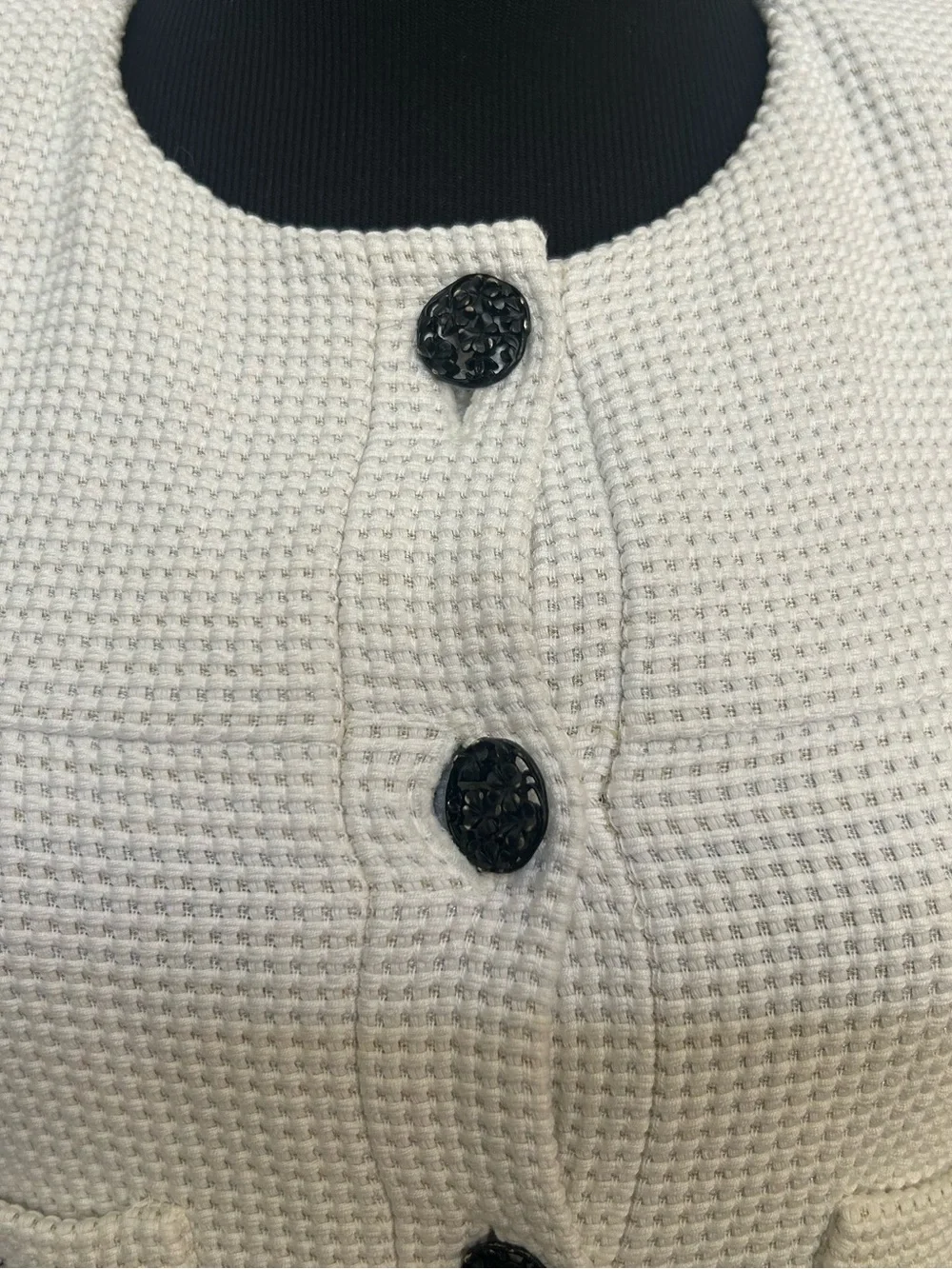 CHANEL Two-Tone Waffle Knit Button Jacket - White Navy Black